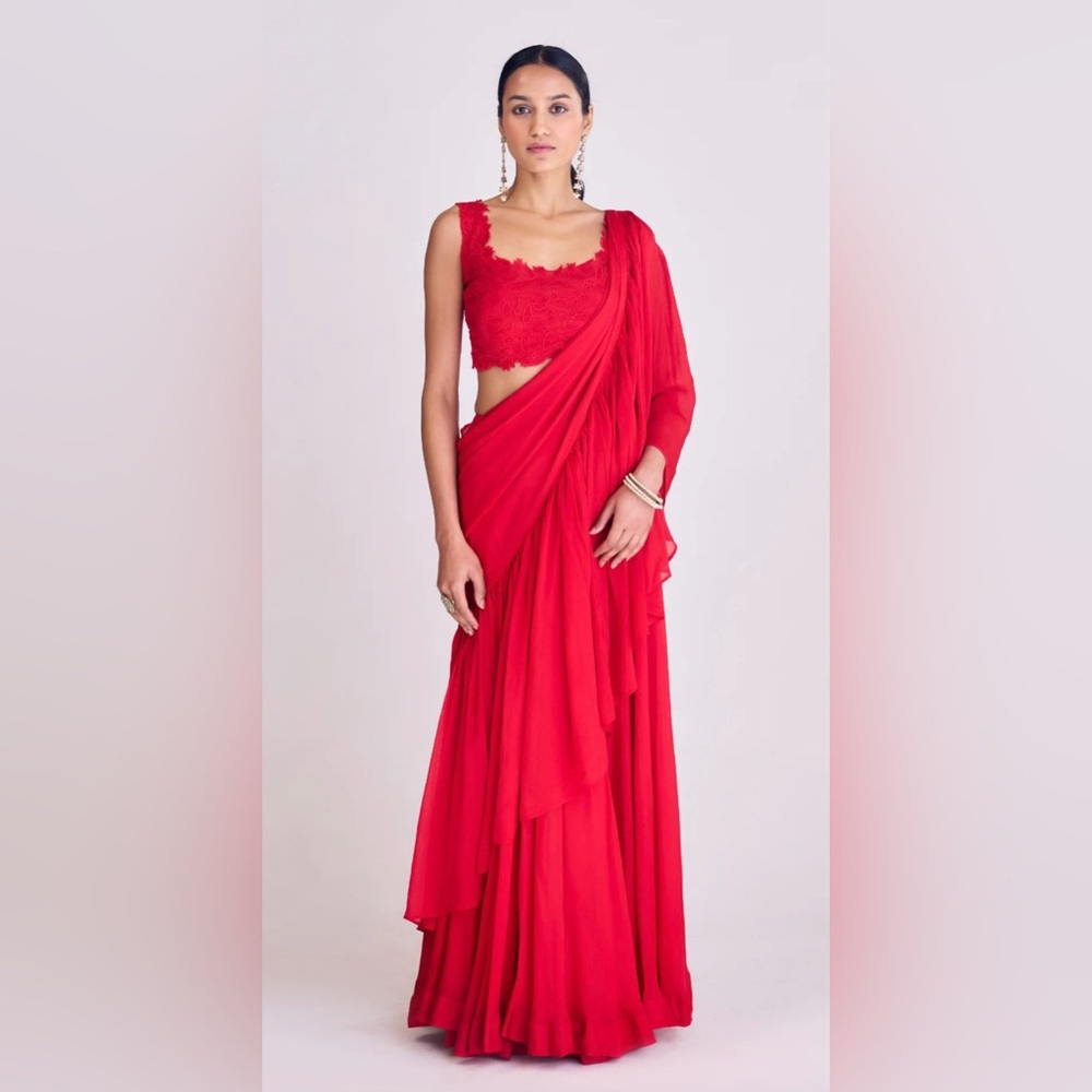 Red Pre Draped Saree